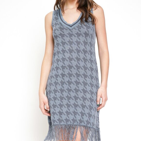 MYSTREE Blue Houndstooth Fringe Hem Sleeveless Dress Retro Boho Style - Picture 2 of 7